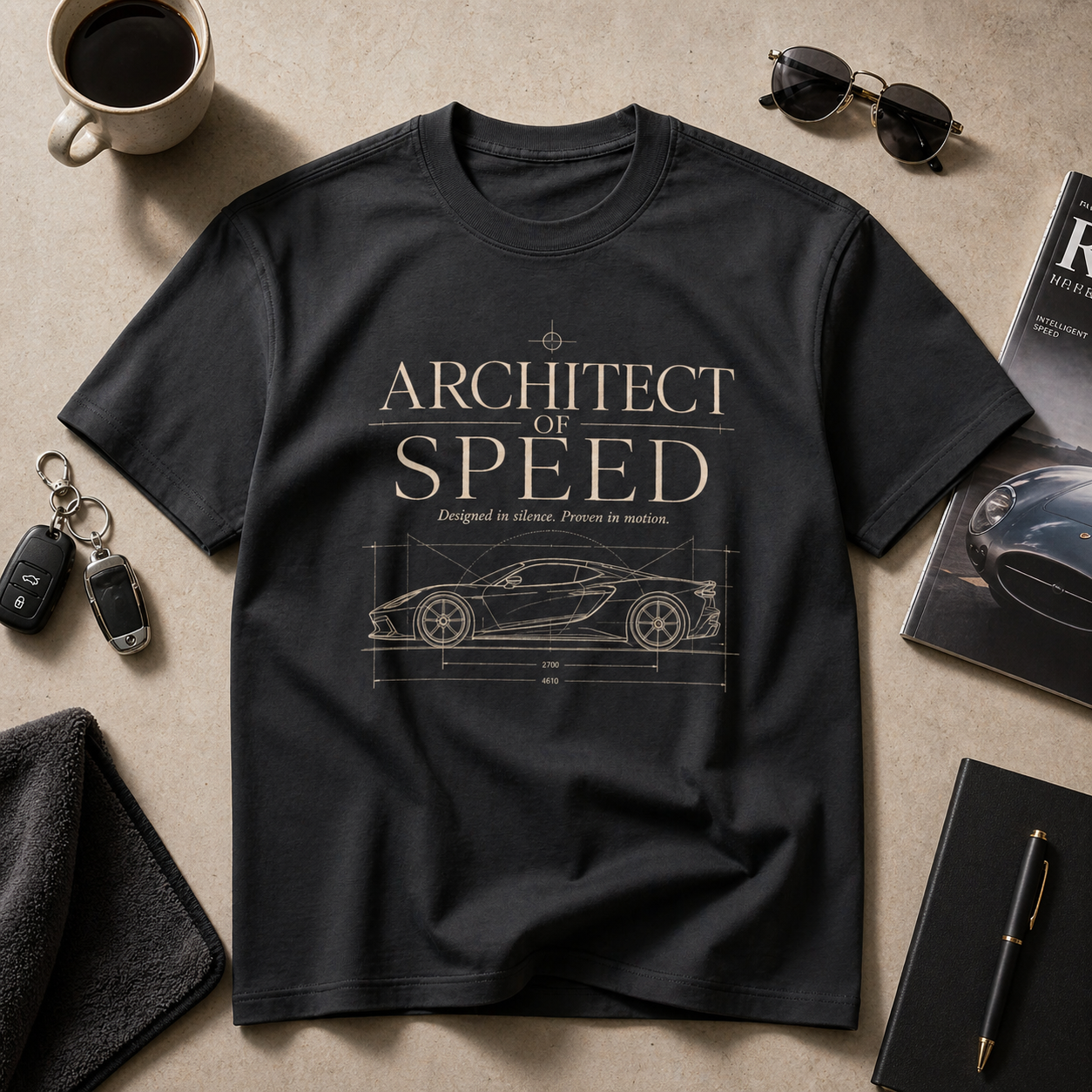 black t-shirt with design Architect Of Speed