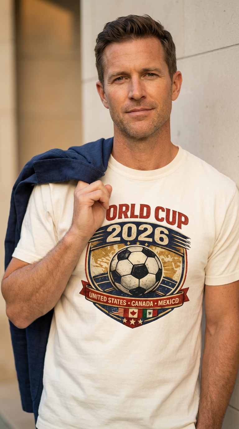 Man wearing a World Cup 2026 t-shirt with a soccer ball design.