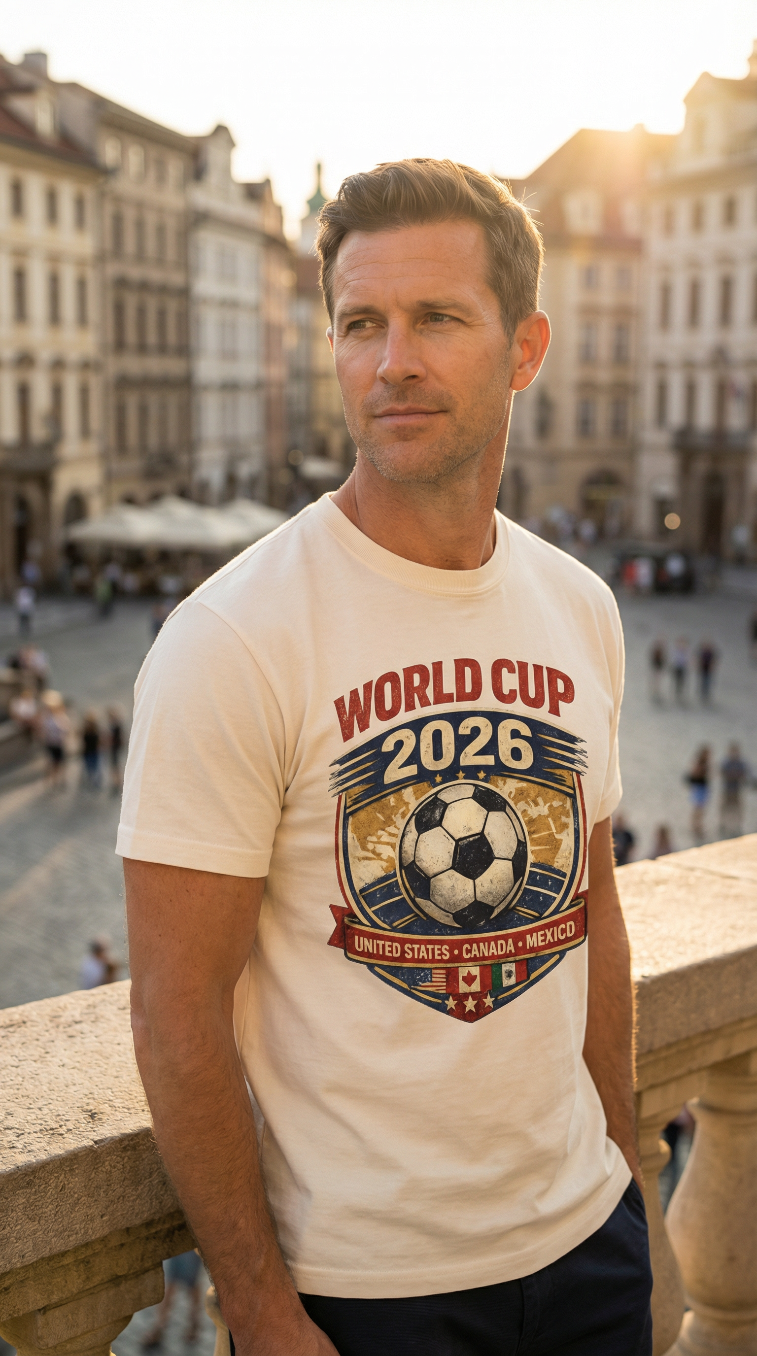 Man wearing a World Cup 2026 t-shirt in an urban setting