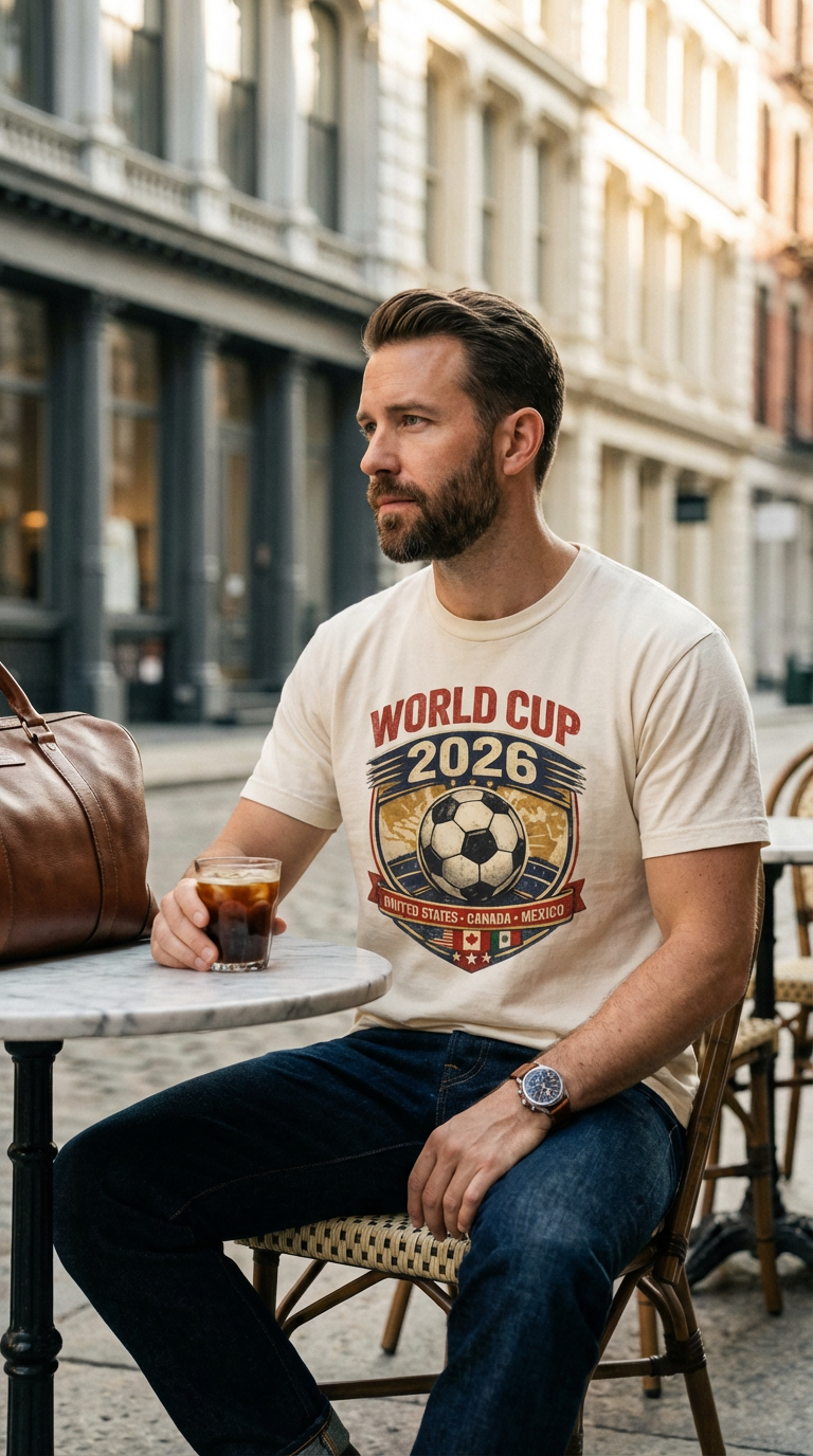 Man sitting outdoors wearing a World Cup 2026 t-shirt, holding a drink.