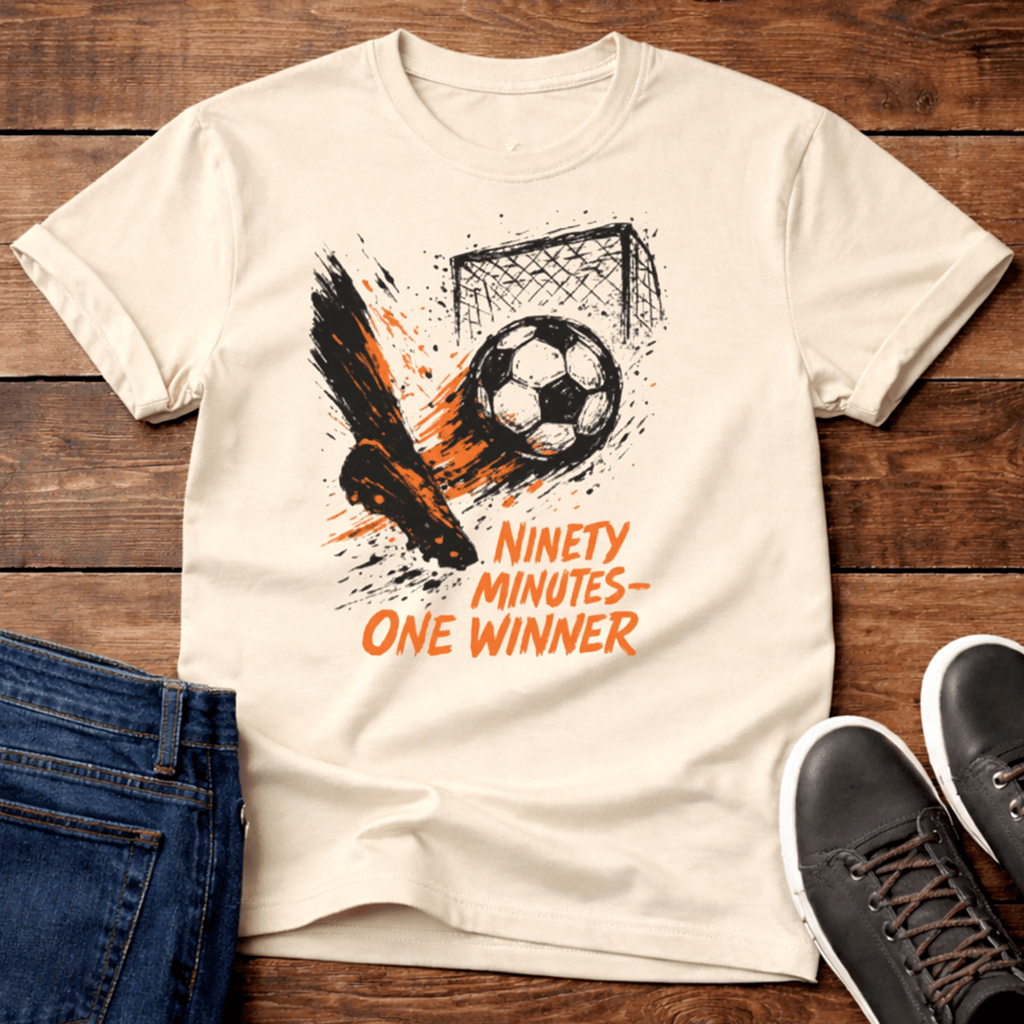 Ninety Minutes One Winner T-Shirt in cream with soccer graphic and bold orange text.