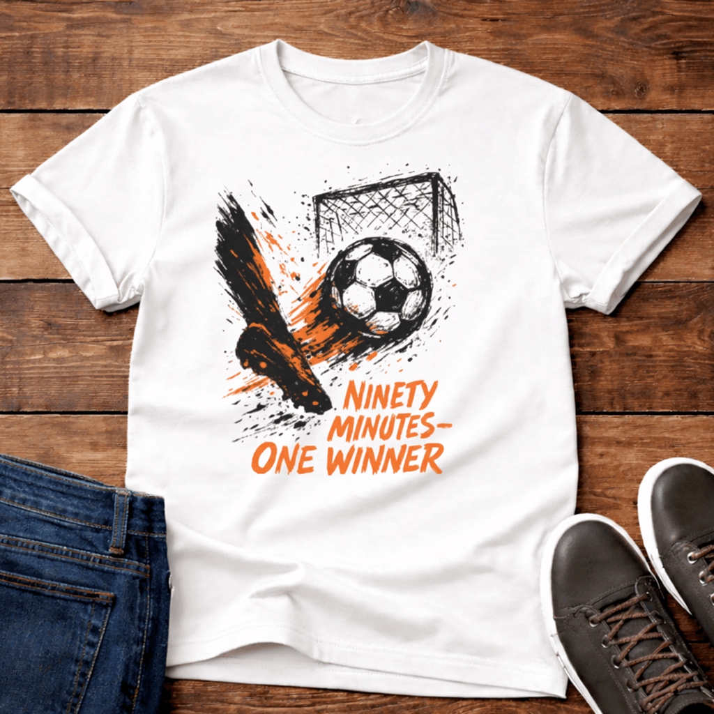 Ninety Minutes One Winner T-Shirt in white featuring a soccer ball and goal design.