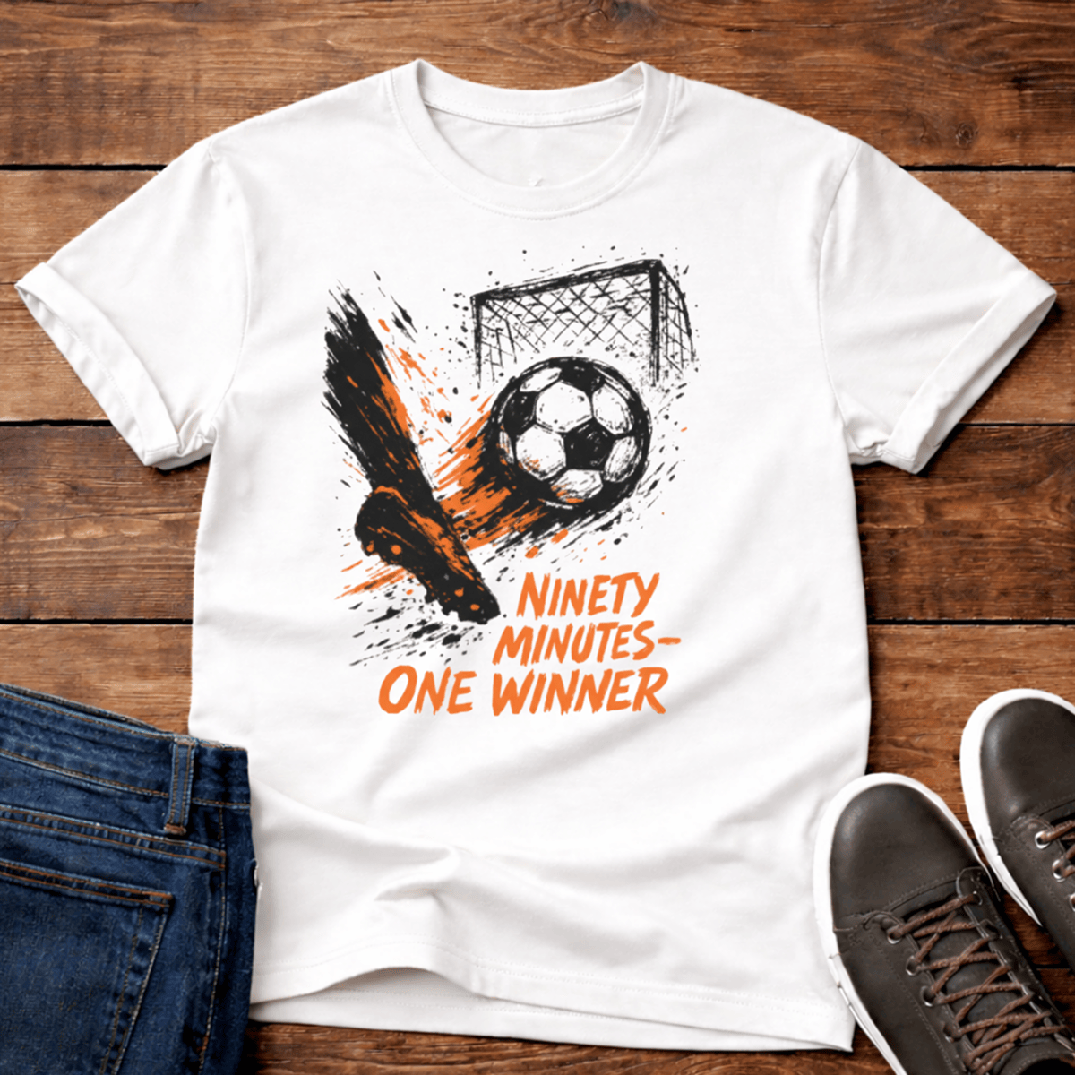 Ninety Minutes One Winner T-Shirt in white featuring a soccer ball and goal design.