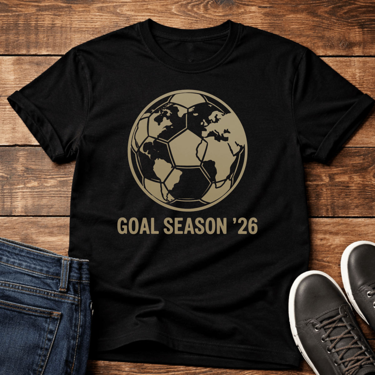 Soccer Season '26 T-Shirt in black featuring a globe and soccer ball design.