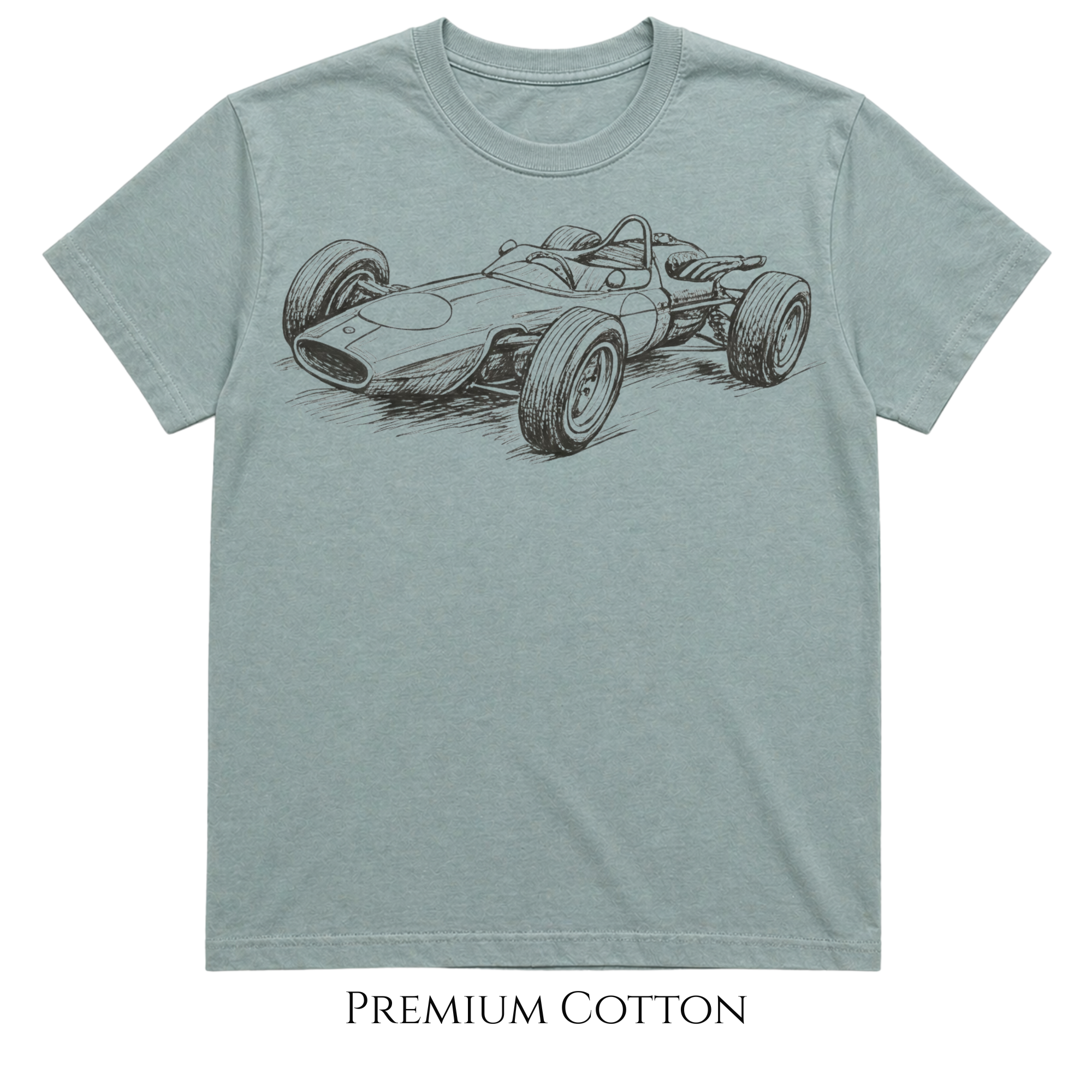 Bay colored t-shirt with a vintage race car graphic on a white background