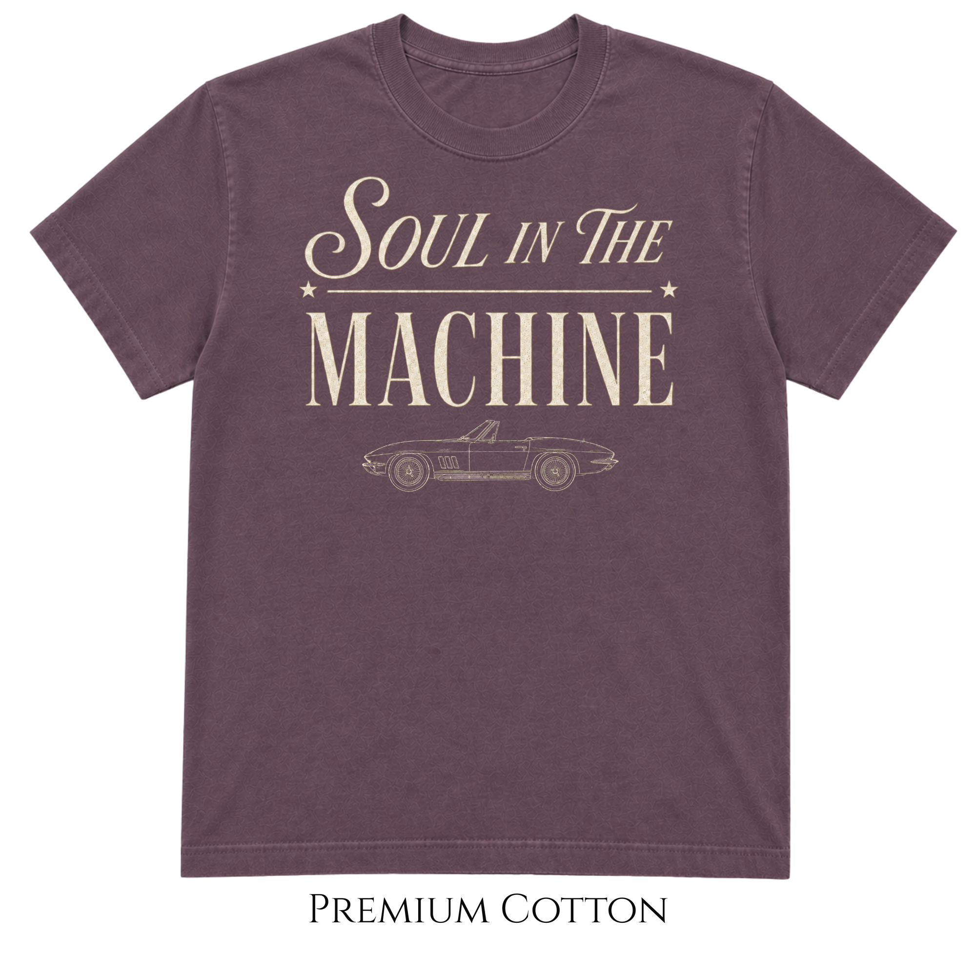 unisex berry colored  premium heavy weight t-shirt with typography Soul In The Machine and a classic convertible line art vehicle made for car enthusiasts