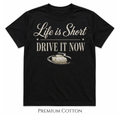 black t-shirt with typography Life is Short - Drive It Now and a classic car graphic