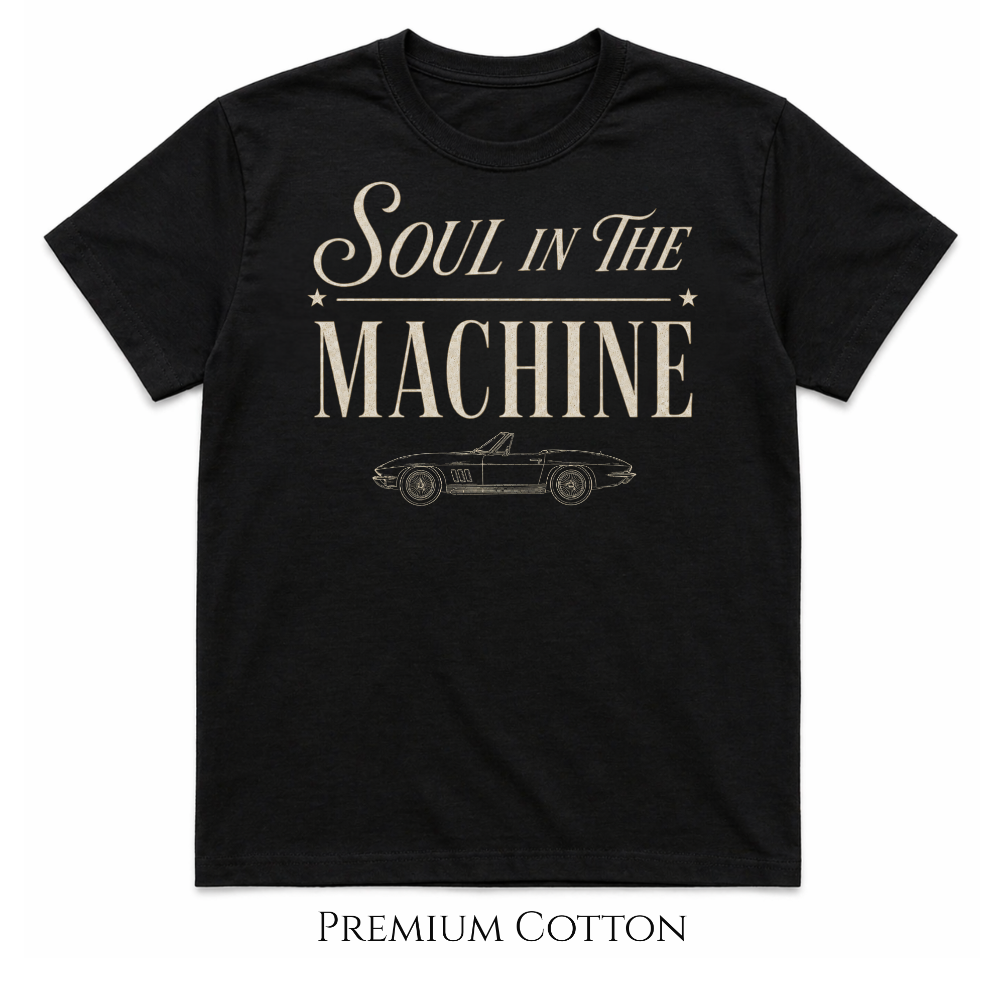 black t-shirt with typography Soul In The Machine and a classic convertible line art vehicle made for car enthusiasts