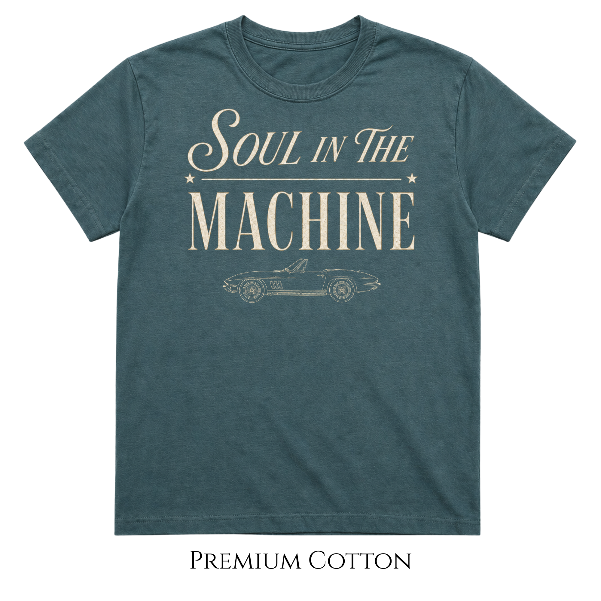 unisex blue spruce colored  premium heavy weight t-shirt with typography Soul In The Machine and a classic convertible line art vehicle made for car enthusiasts