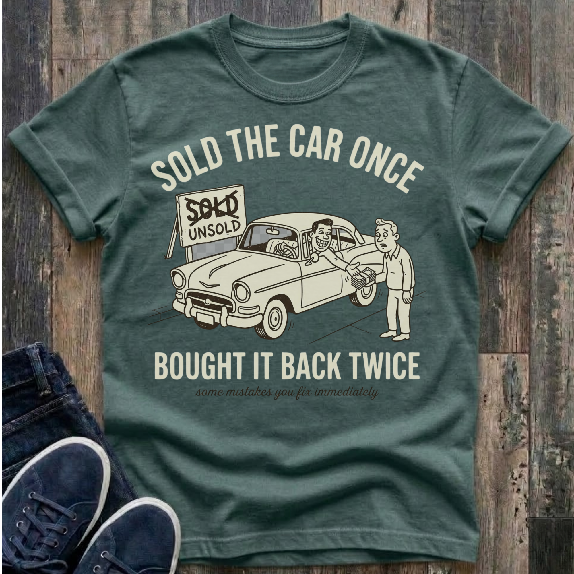 Blue spruce vintage-style t-shirt with cream illustration of a grinning man sitting behind the wheel of a classic car handing cash back to a confused buyer, a sign reading "SOLD" crossed out and replaced with "UNSOLD" in the background, text reads "Sold The Car Once · Bought It Back Twice · some mistakes you fix immediately"