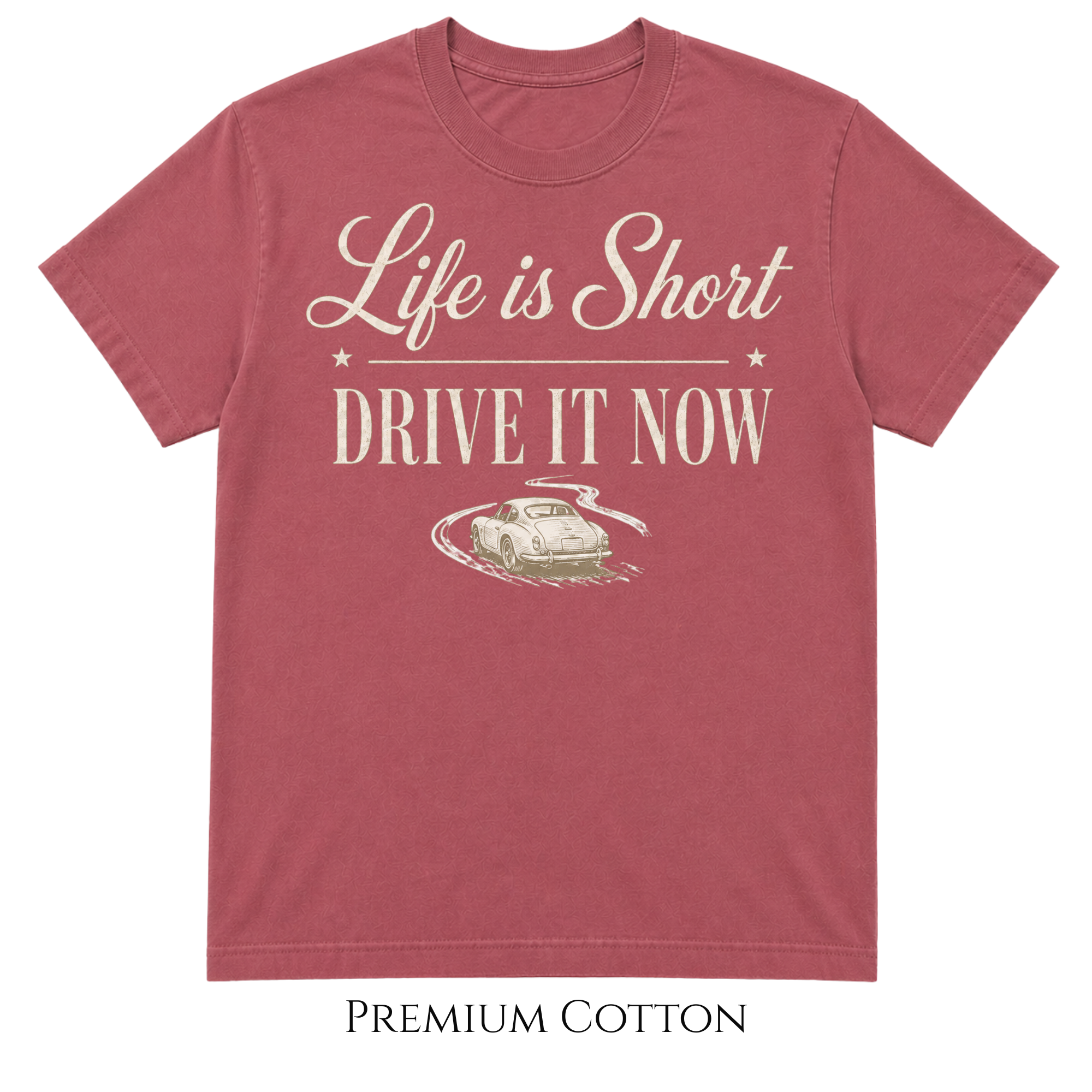Crimson colored  t-shirt with typography Life is Short - Drive It Now and a classic car graphic