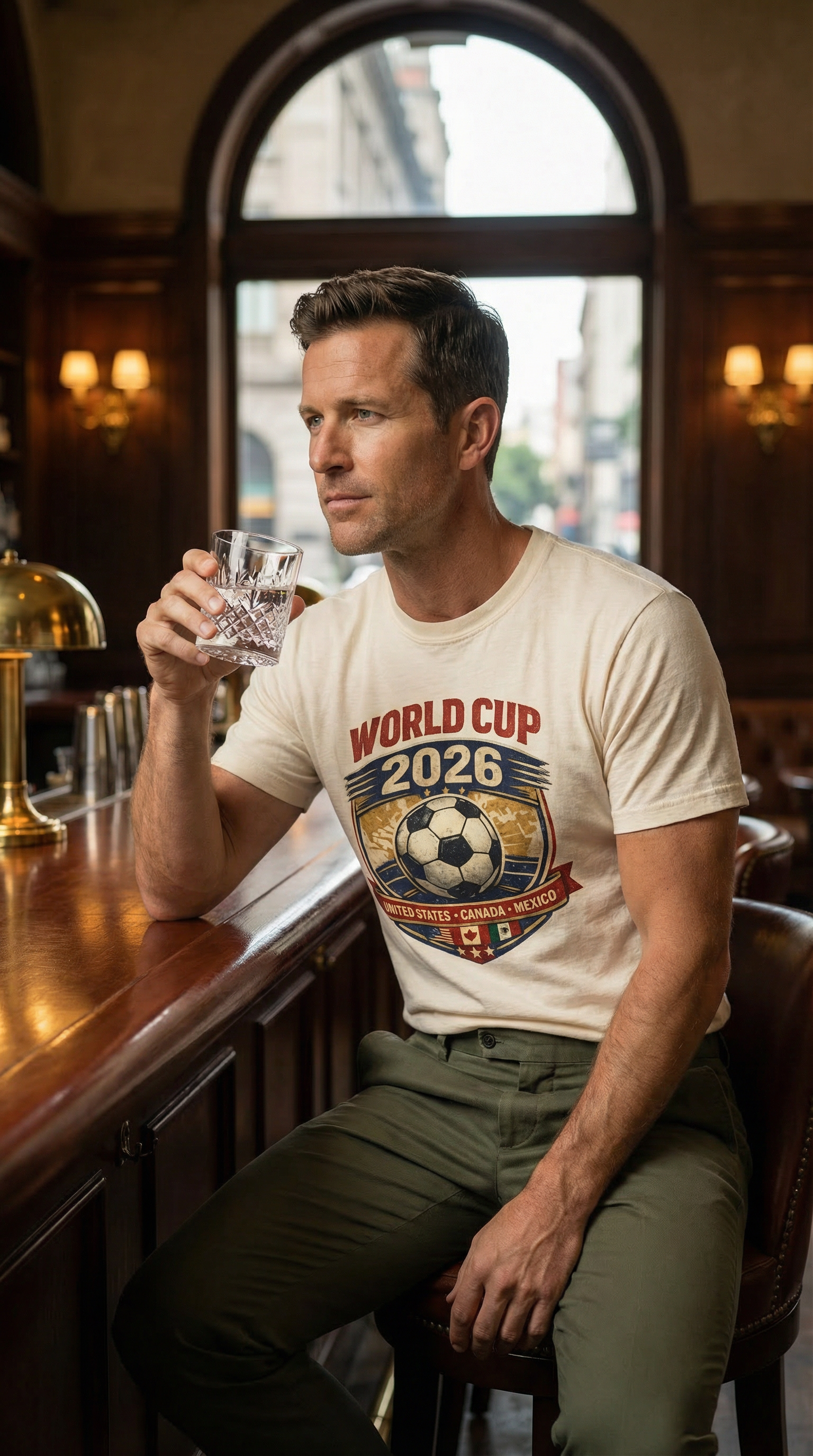 Man sitting at a bar wearing a World Cup 2026 t-shirt, holding a glass.