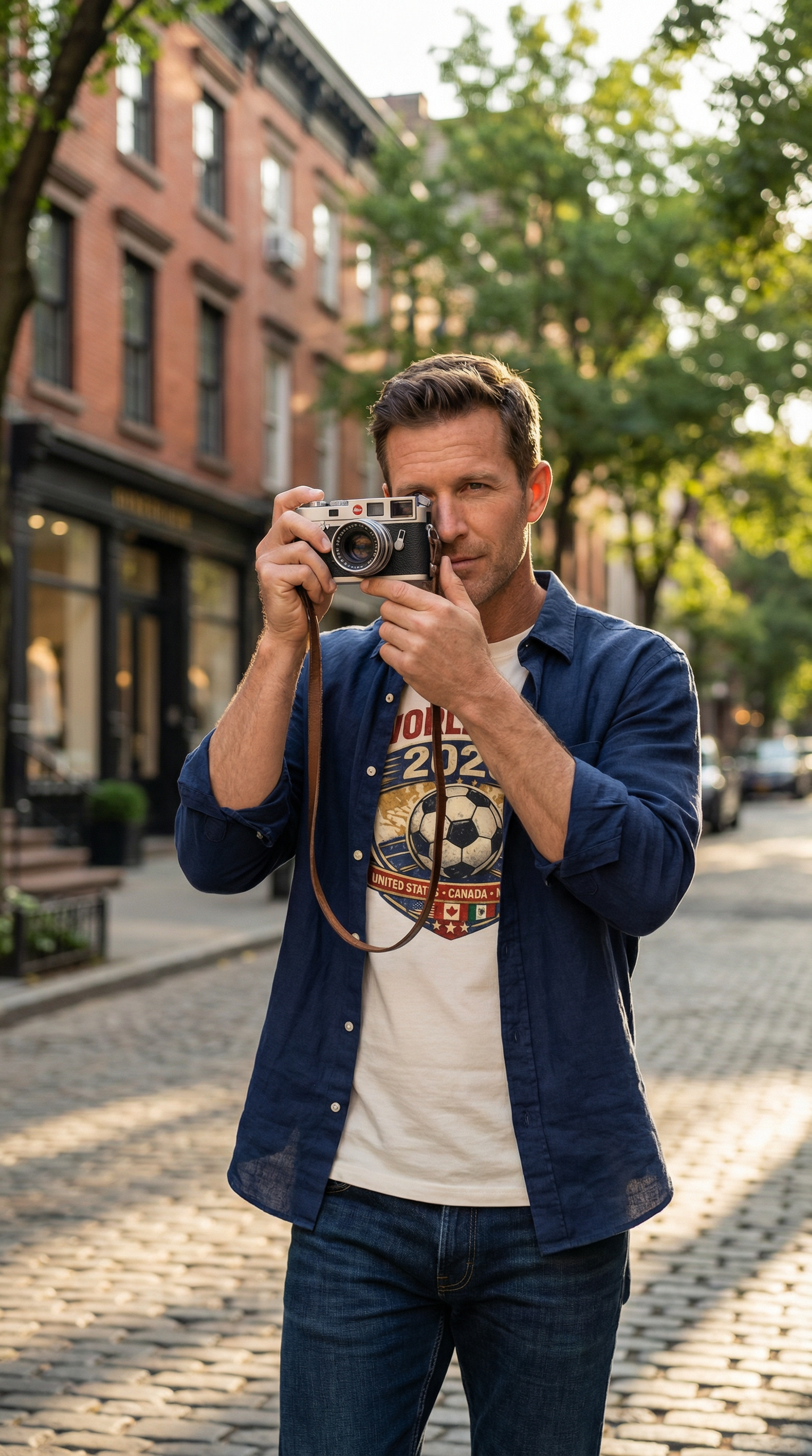 Man taking a photo with a vintage camera on a city street.
