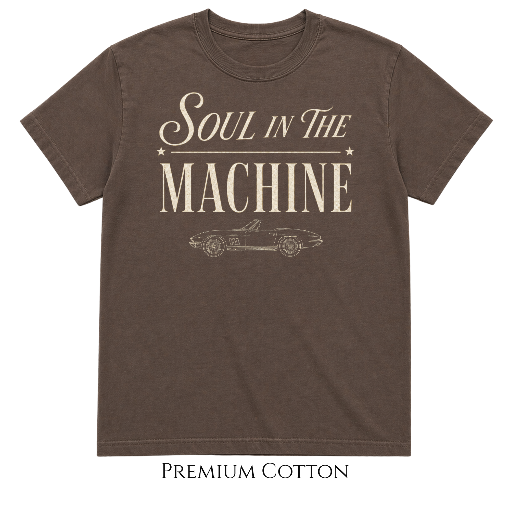unisex espresso colored  premium heavy weight t-shirt with typography Soul In The Machine and a classic convertible line art vehicle made for car enthusiasts