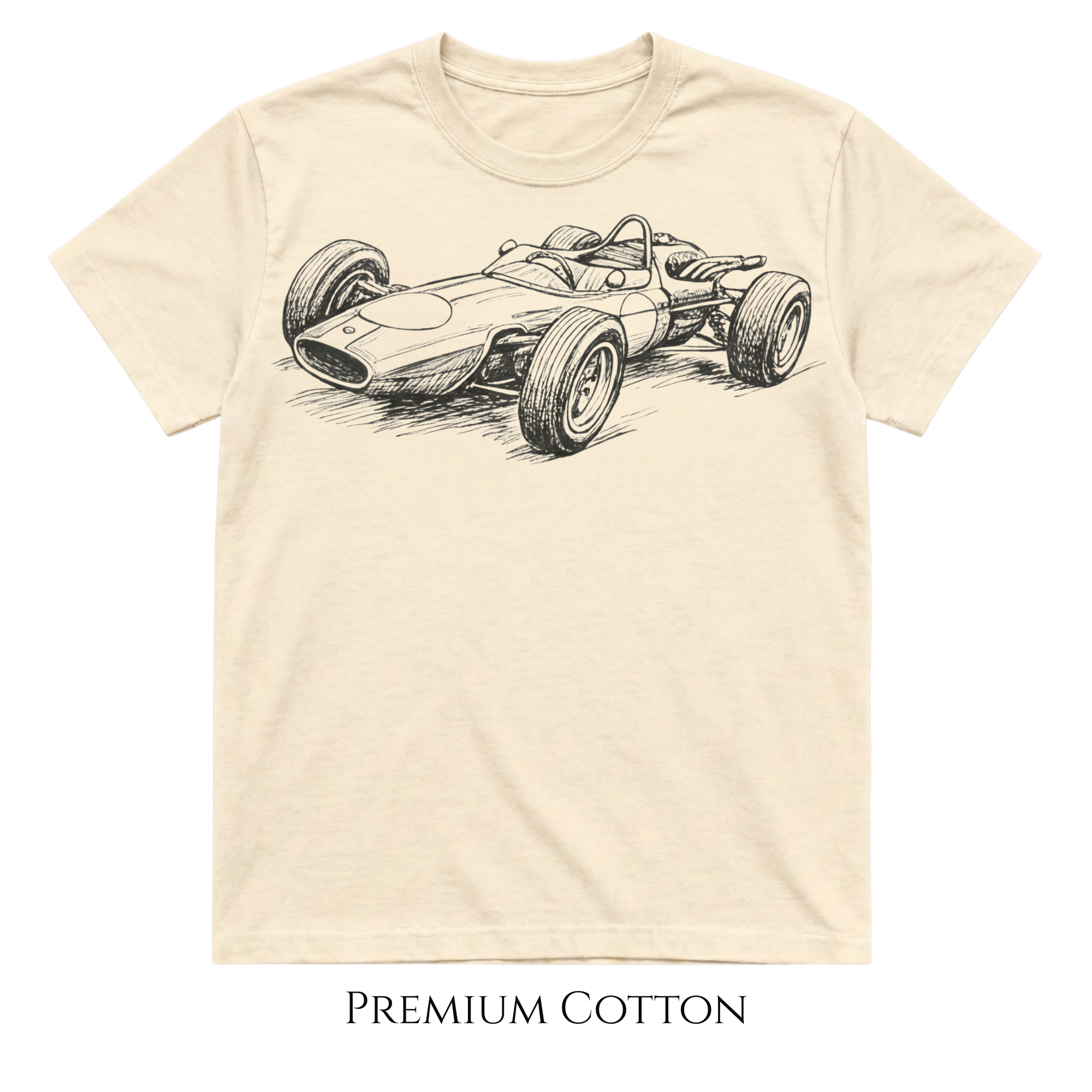 Ivory t-shirt with a vintage race car graphic and 'Premium Cotton' text on a white background