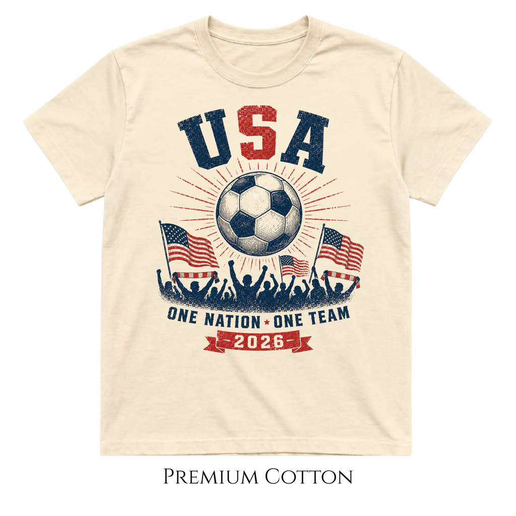 ivory t-shirt with USA soccer design featuring a soccer ball, American flags, and text on a white background.