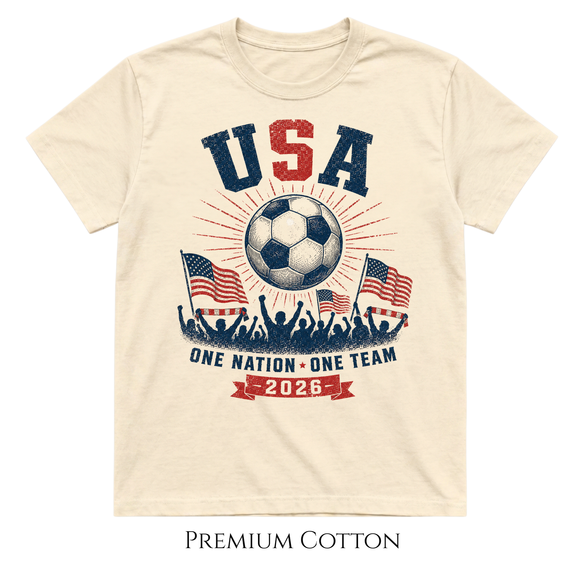 ivory t-shirt with USA soccer design featuring a soccer ball, American flags, and text on a white background.