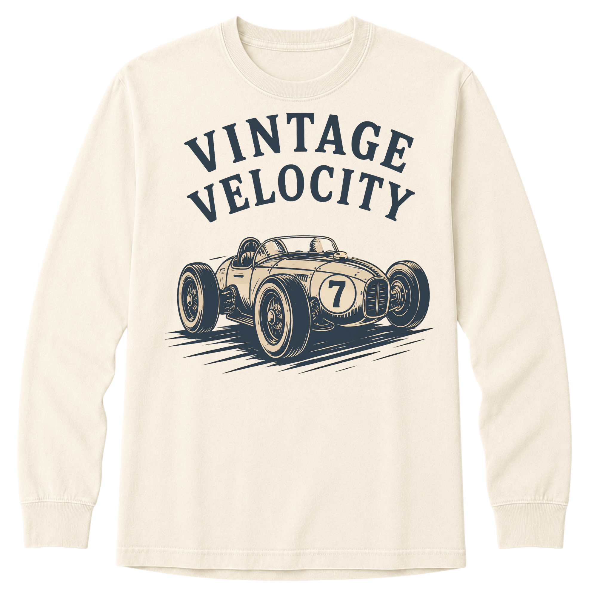 Beige long-sleeve shirt with vintage race car graphic and 'Vintage Velocity' text on a white background