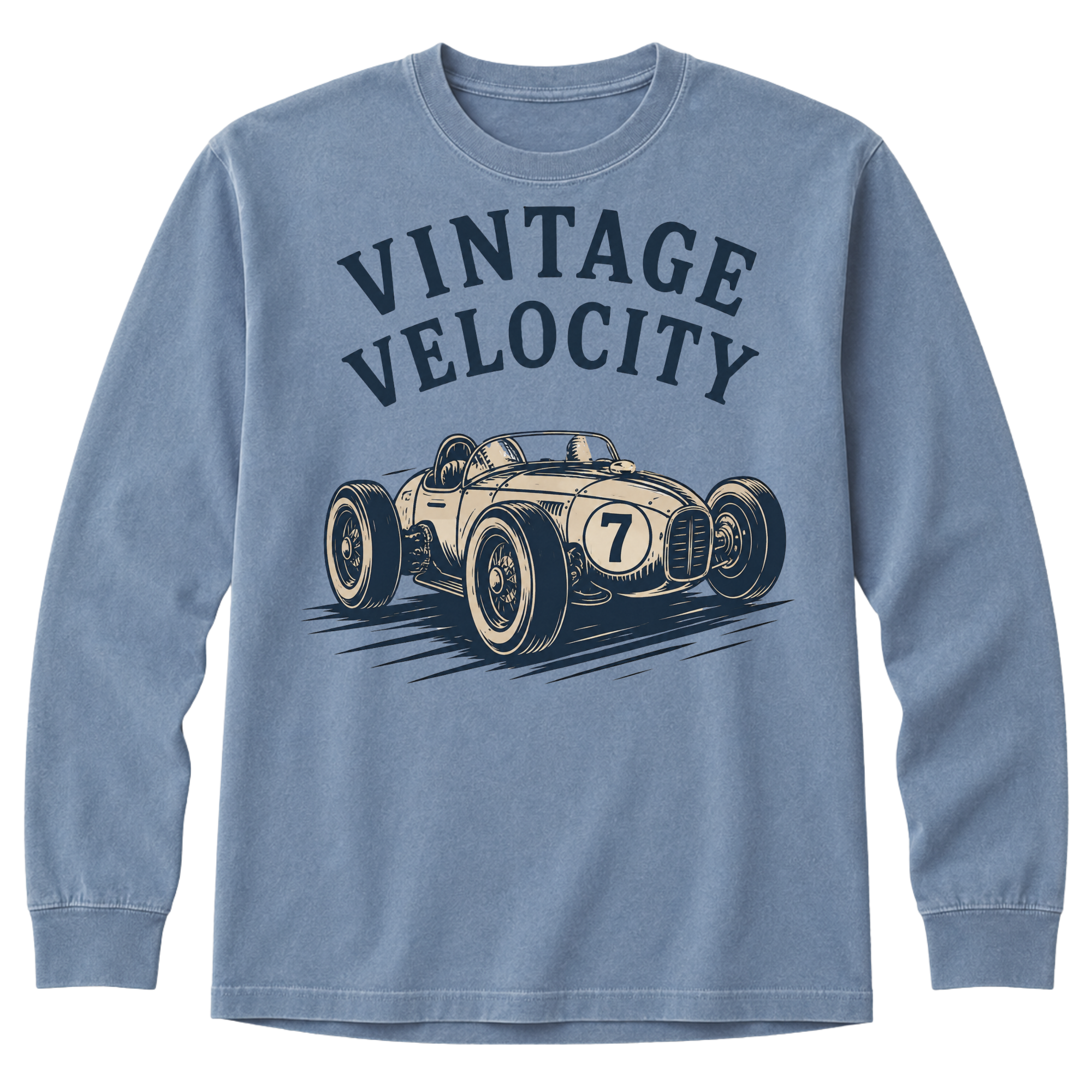 Blue long-sleeve shirt with vintage race car graphic and 'Vintage Velocity' text on a white background