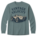 Long-sleeve shirt with vintage race car graphic and 'Vintage Velocity' text on a white background