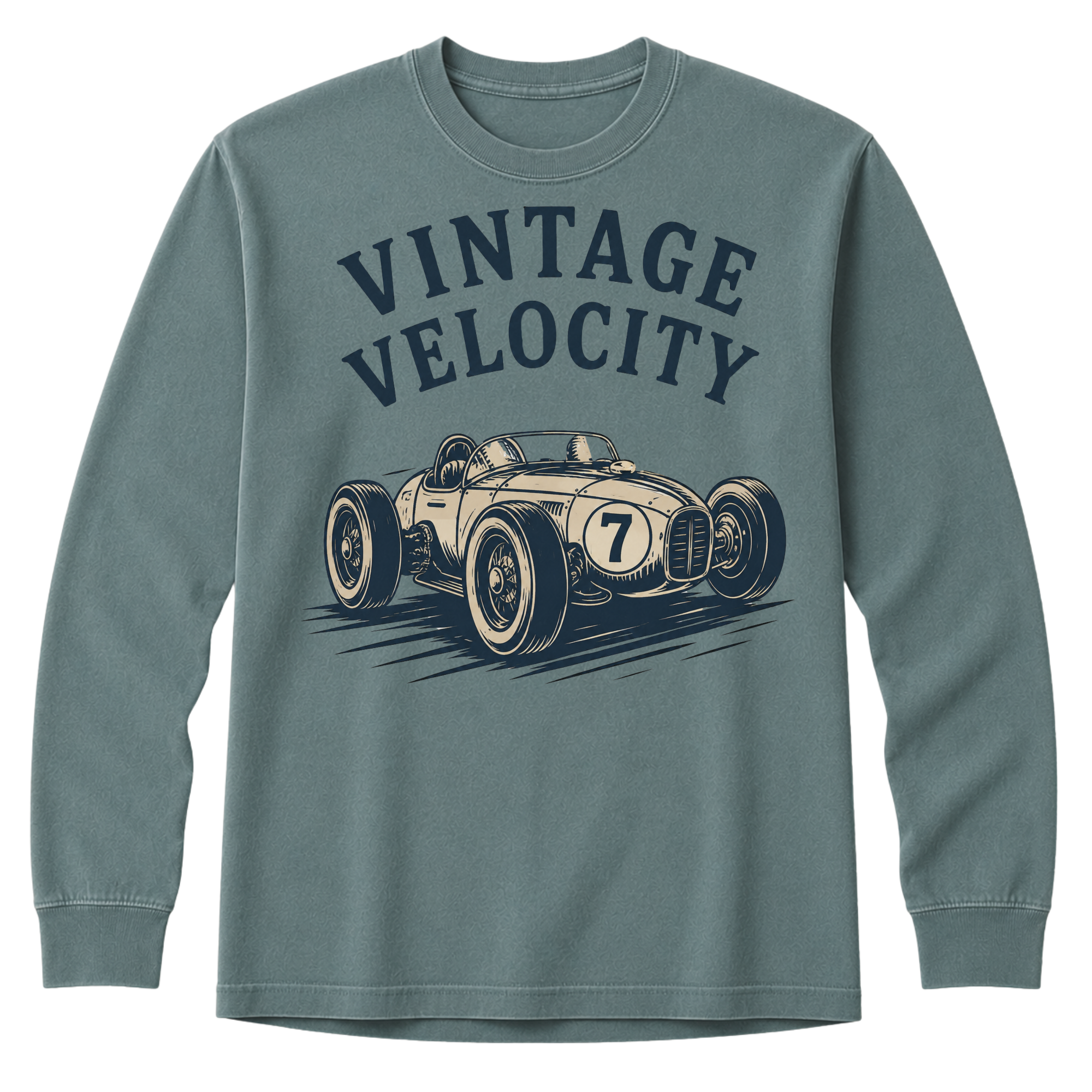 Long-sleeve shirt with vintage race car graphic and 'Vintage Velocity' text on a white background