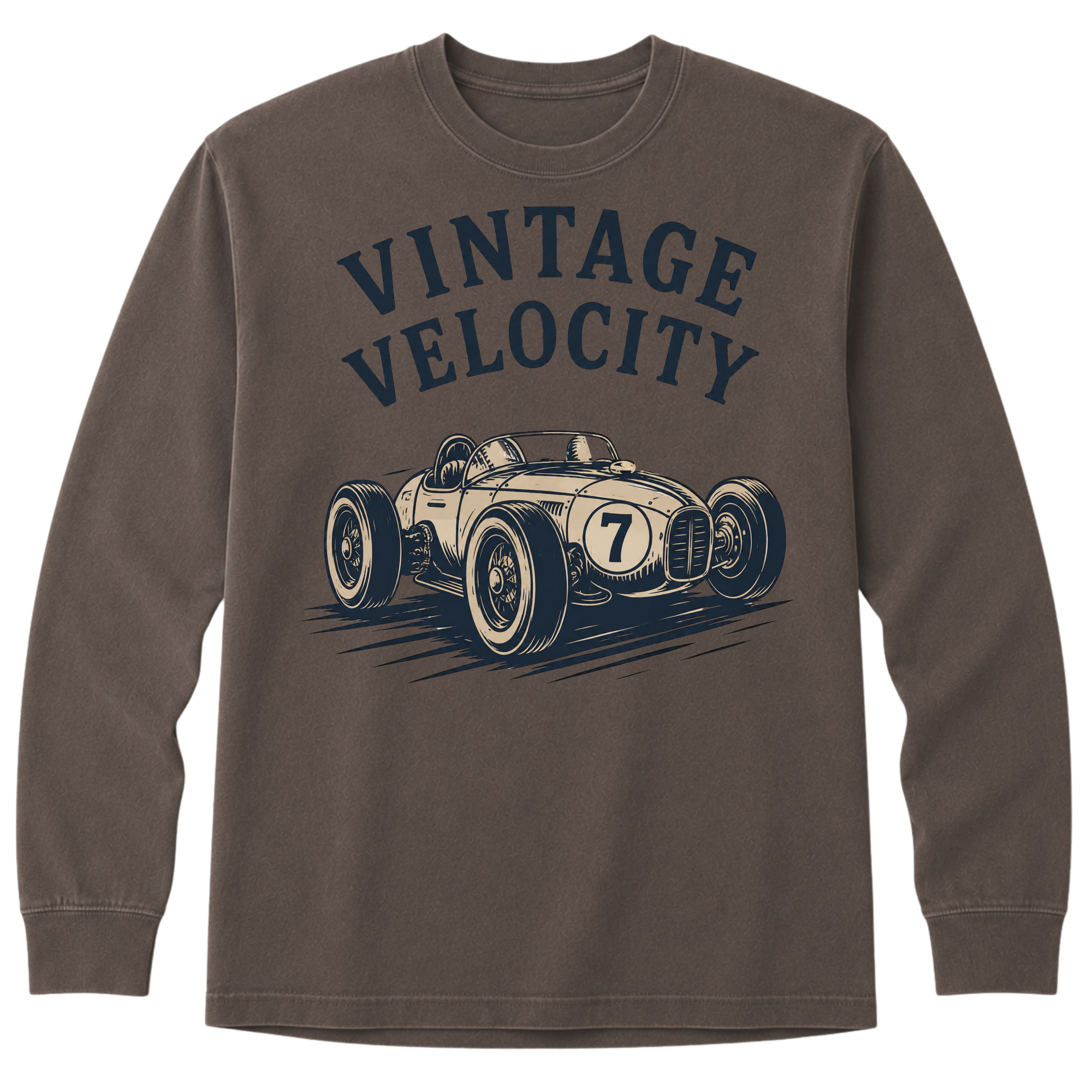 Brown long-sleeve shirt with vintage race car graphic and 'Vintage Velocity' text on a white background