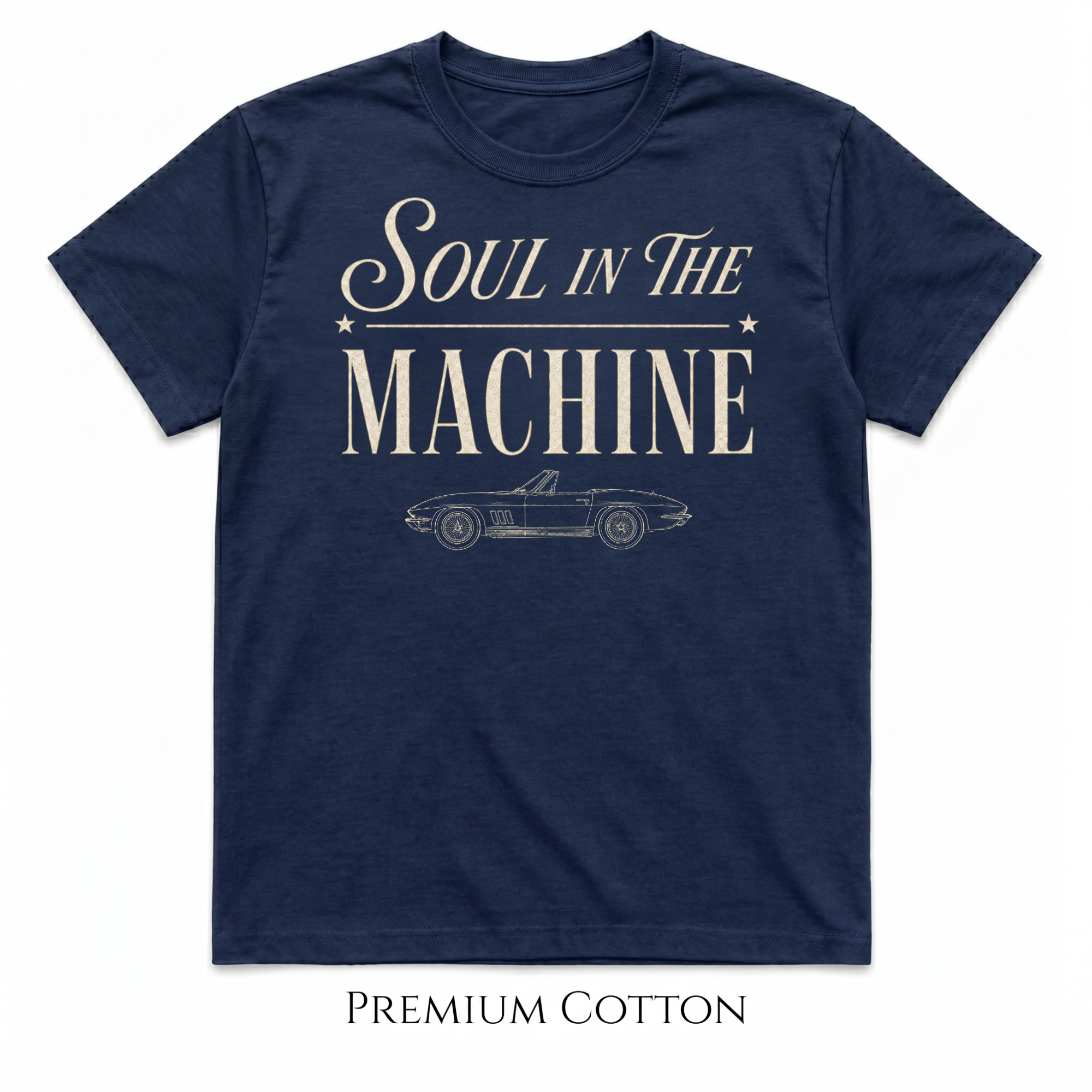 navy blue premium heavy weight t-shirt with typography Soul In The Machine and a classic convertible line art vehicle made for car enthusiasts