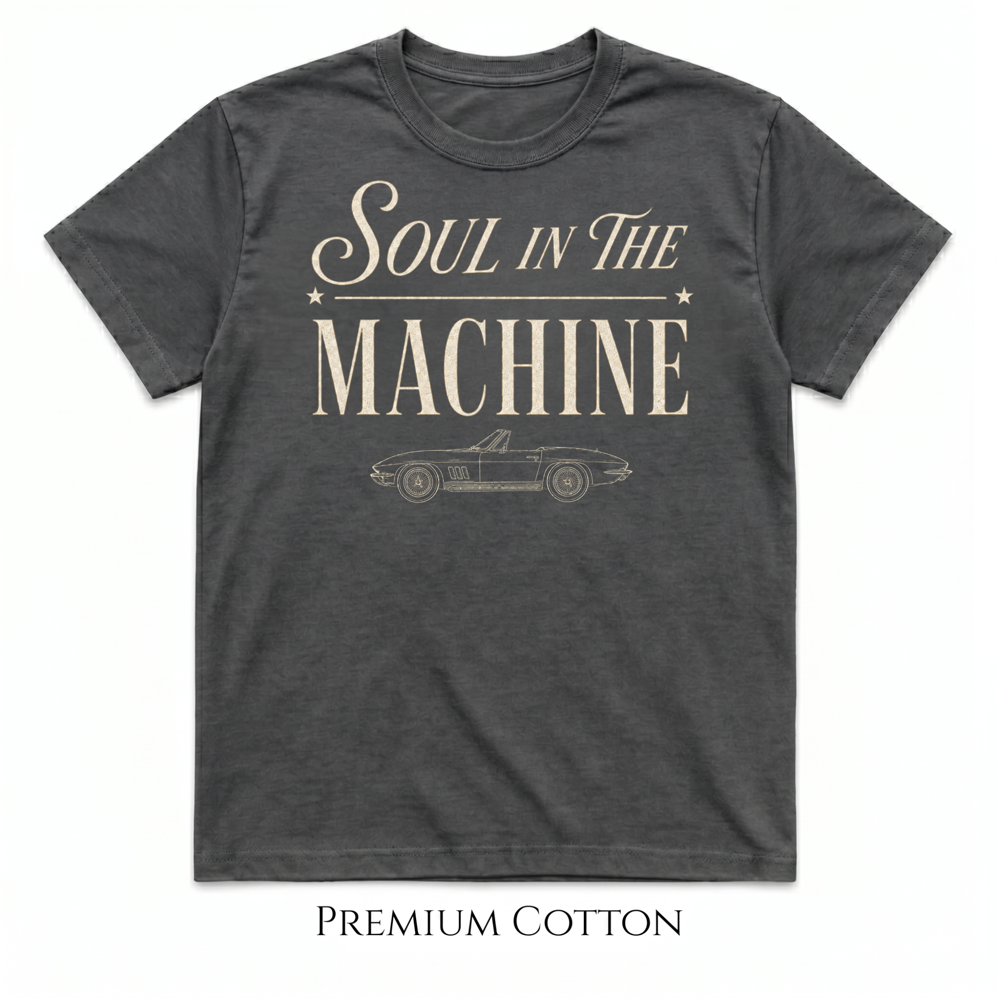 unisex pepper colored  premium heavy weight t-shirt with typography Soul In The Machine and a classic convertible line art vehicle made for car enthusiasts