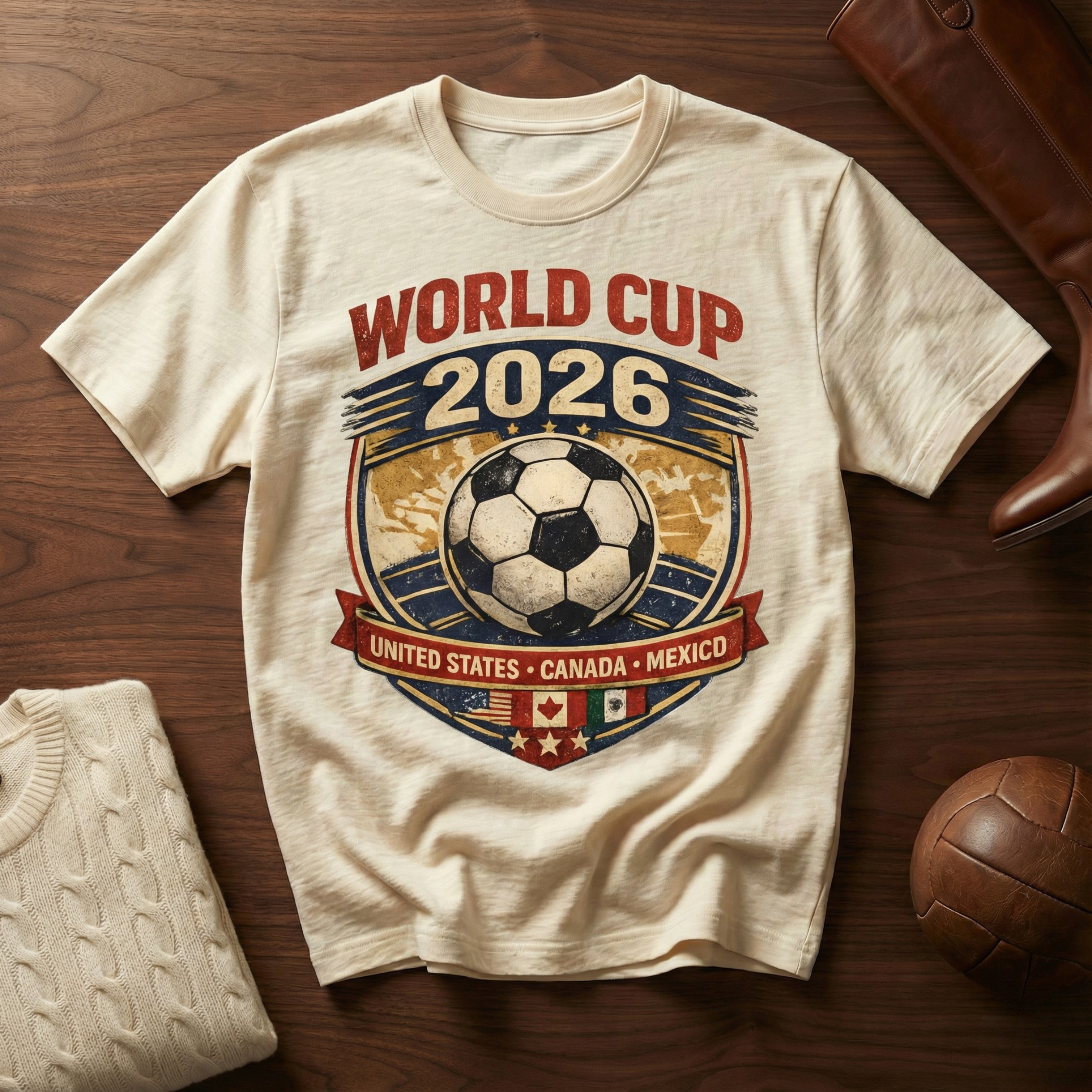 Beige t-shirt with World Cup 2026 graphic on a wooden surface with a leather bag and soccer ball.