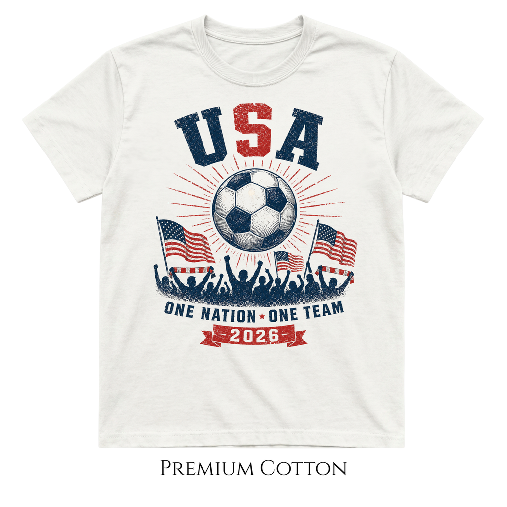 White t-shirt with USA soccer design featuring a soccer ball, American flags, and text on a white background.