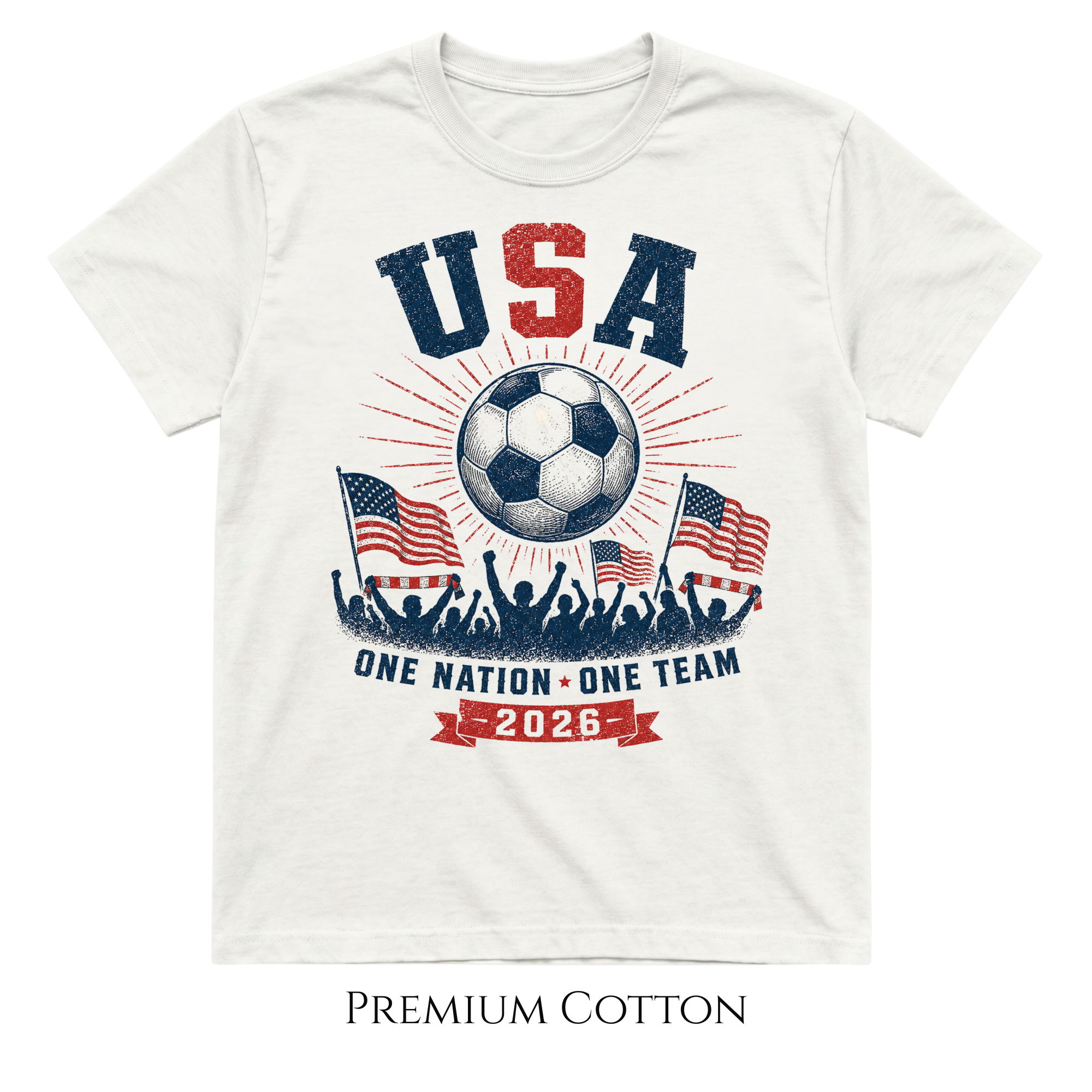 White t-shirt with USA soccer design featuring a soccer ball, American flags, and text on a white background.