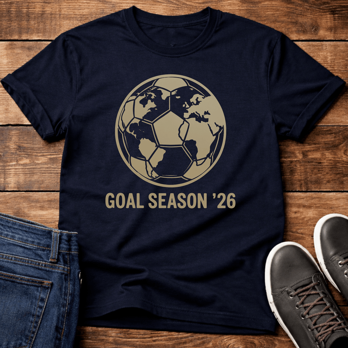 Soccer Season '26 T-Shirt featuring a globe and soccer ball design in navy blue.
