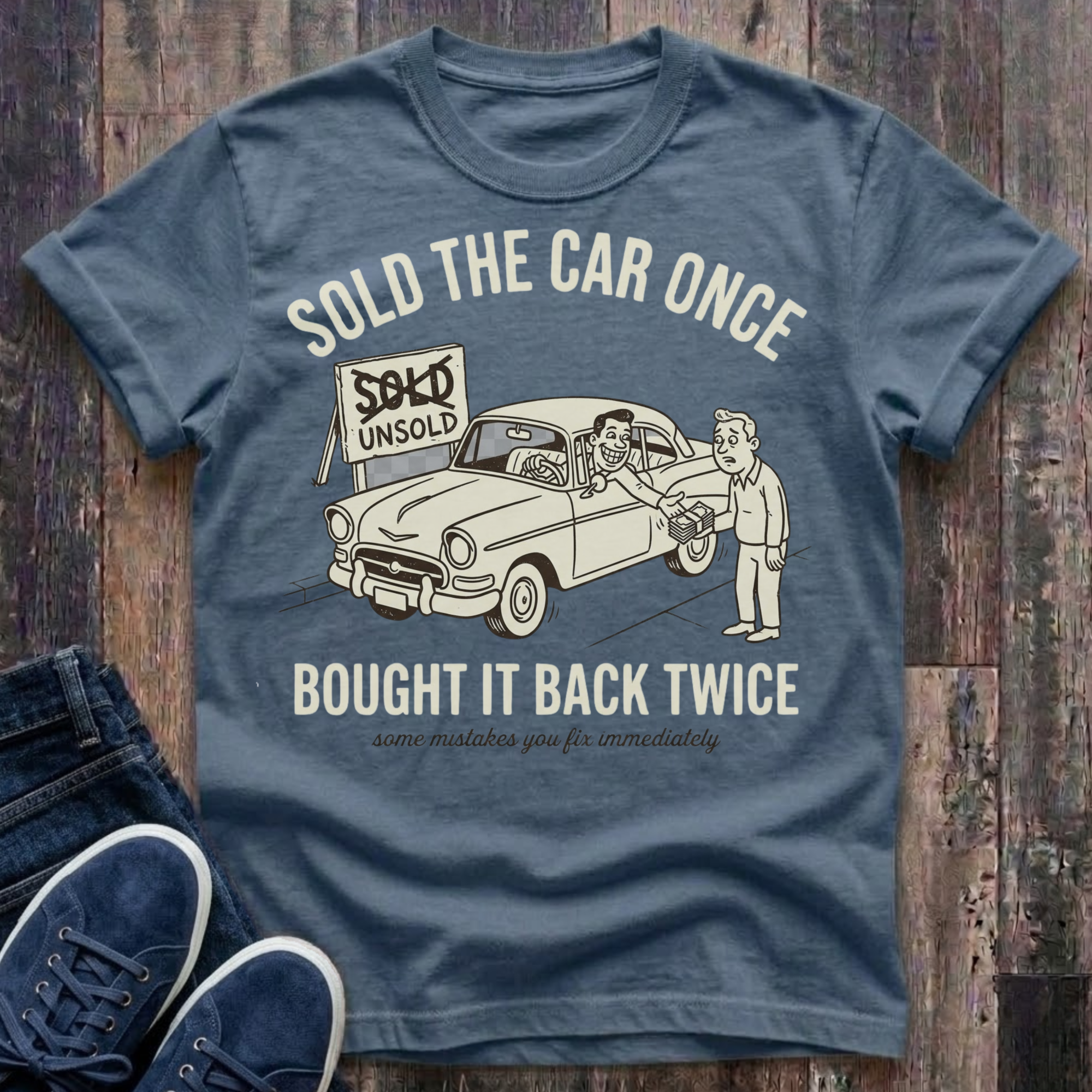 blue jean vintage-style t-shirt with cream illustration of a grinning man sitting behind the wheel of a classic car handing cash back to a confused buyer, a sign reading "SOLD" crossed out and replaced with "UNSOLD" in the background, text reads "Sold The Car Once · Bought It Back Twice · some mistakes you fix immediately"