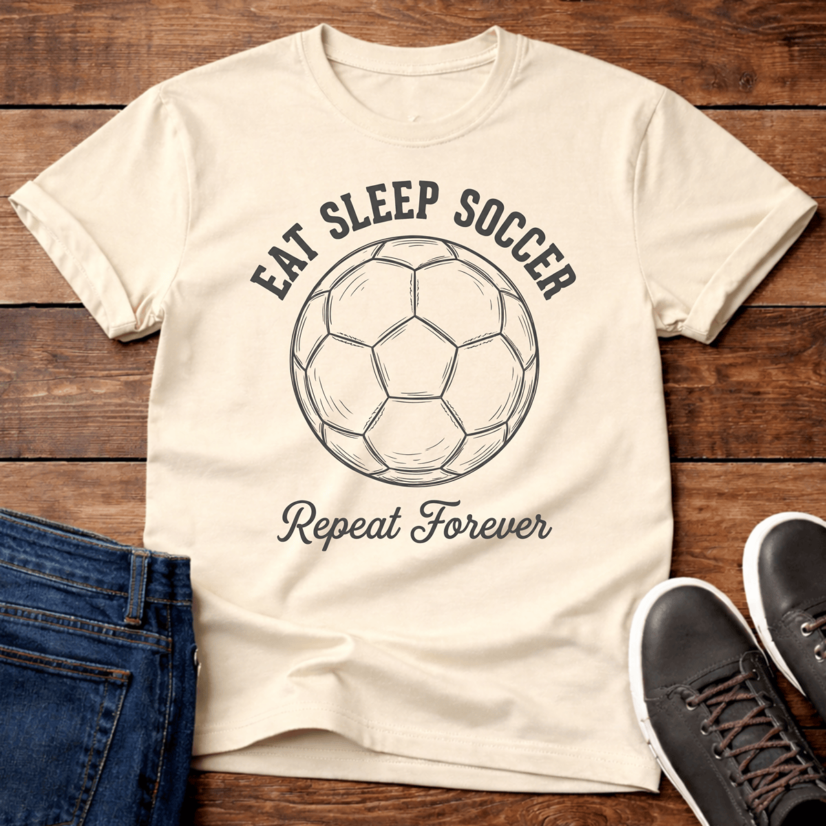Eat Sleep Soccer Repeat T-Shirt in cream with a soccer ball graphic and playful text design.