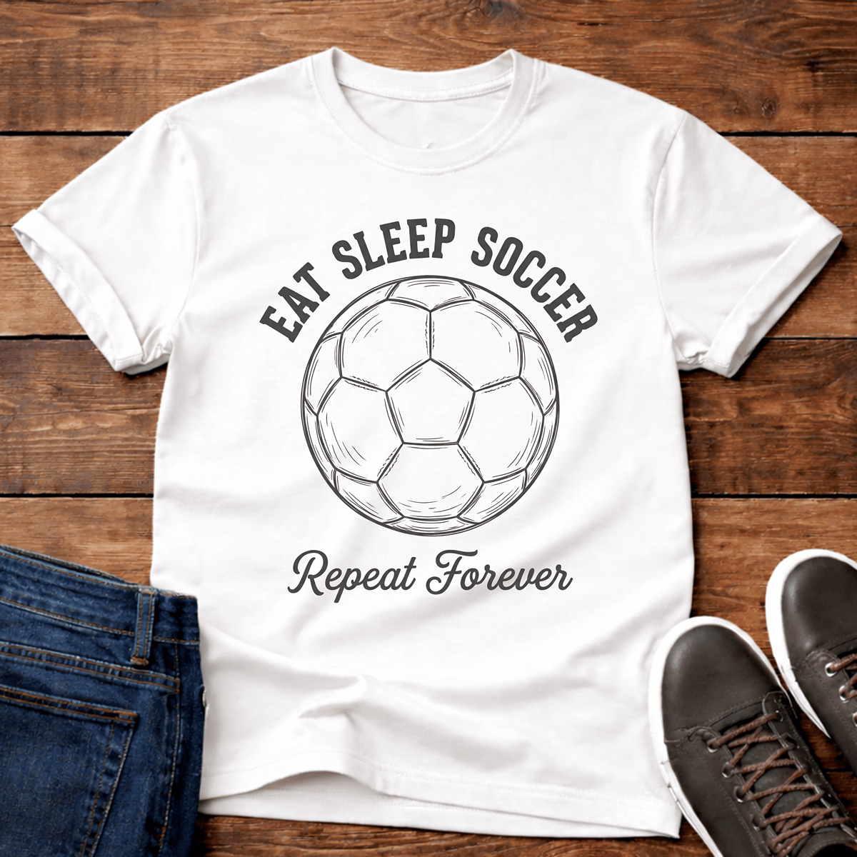 Eat Sleep Soccer Repeat T-Shirt with a soccer ball graphic, laid on a wooden surface with jeans and shoes.