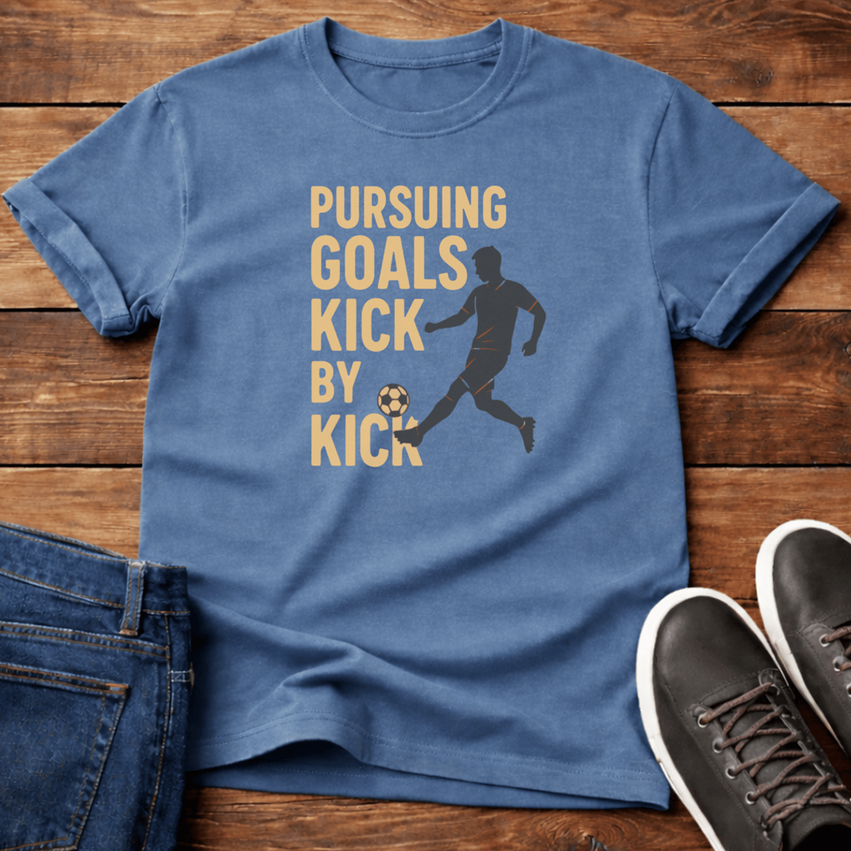 Pursuing Goals T-Shirt in blue with soccer graphic and text "Pursuing Goals Kick by Kick.