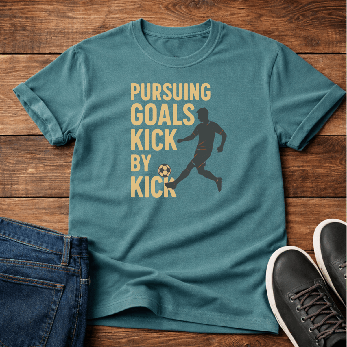 Pursuing Goals T-Shirt in teal with a soccer graphic and motivational text.
