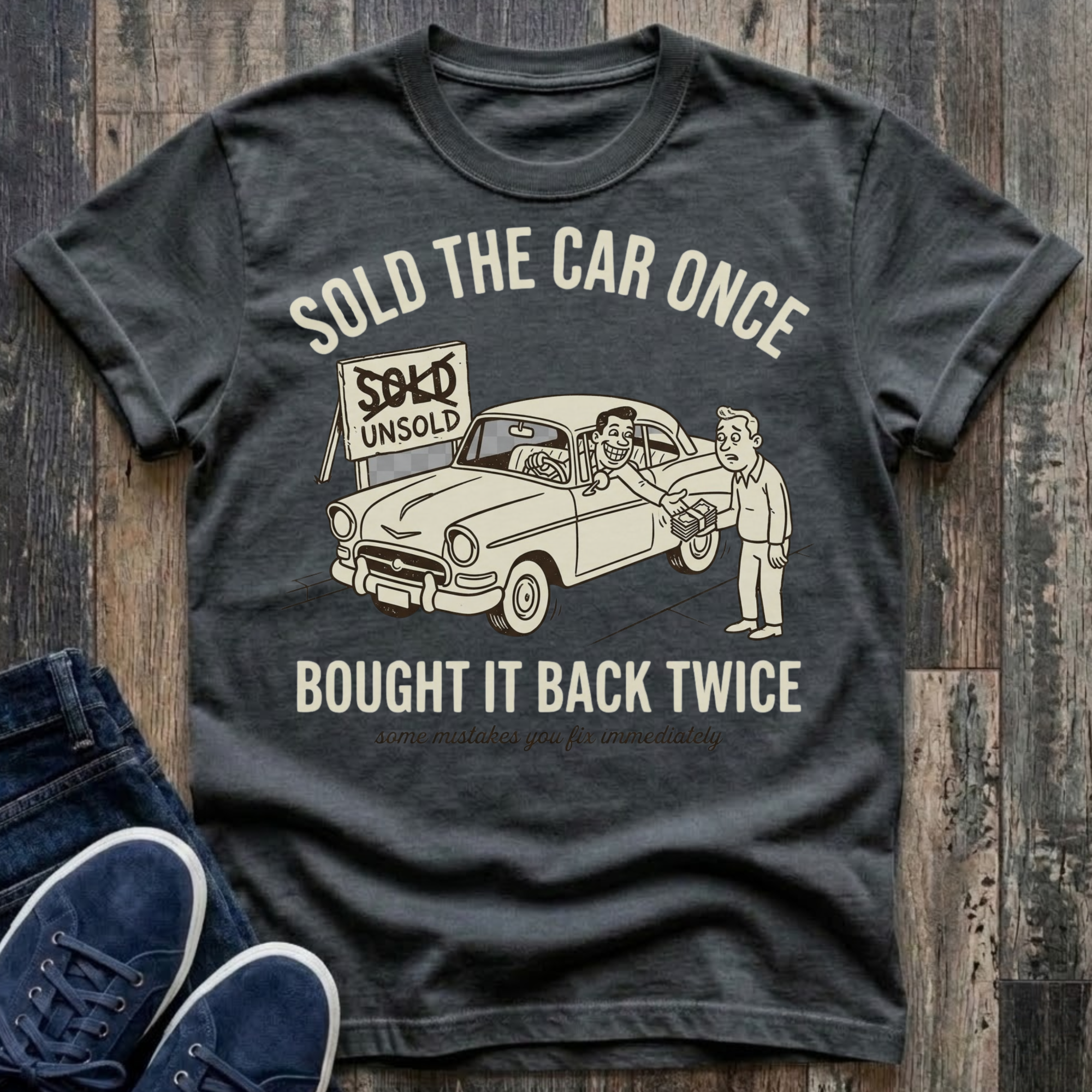 Pepper vintage-style t-shirt with cream illustration of a grinning man sitting behind the wheel of a classic car handing cash back to a confused buyer, a sign reading "SOLD" crossed out and replaced with "UNSOLD" in the background, text reads "Sold The Car Once · Bought It Back Twice · some mistakes you fix immediately"