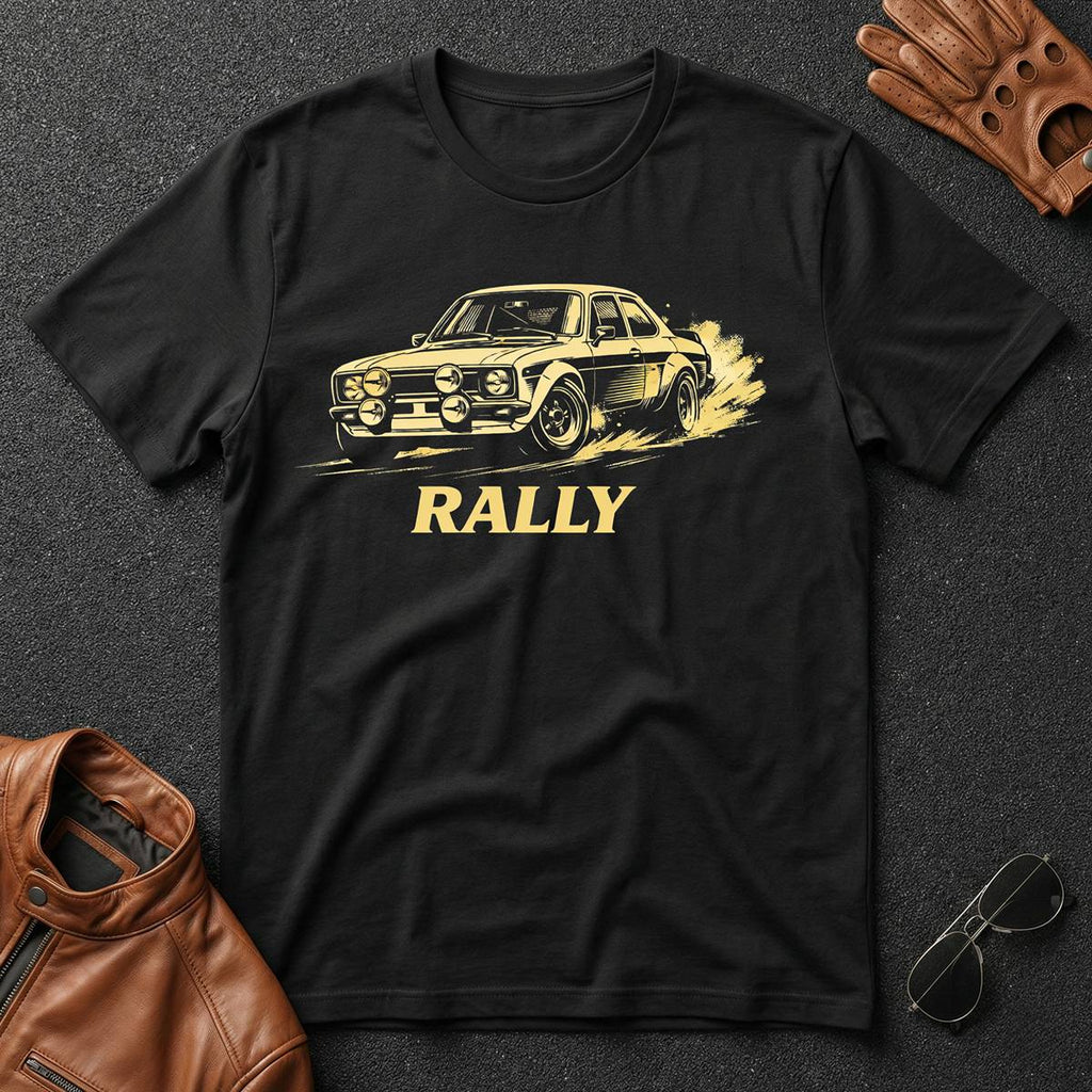 Retro Rally Car T-Shirt in black featuring a vintage rally car graphic and bold "RALLY" text.