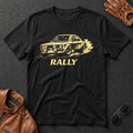Retro Rally Car T-Shirt in black featuring a vintage rally car graphic and bold "RALLY" text.