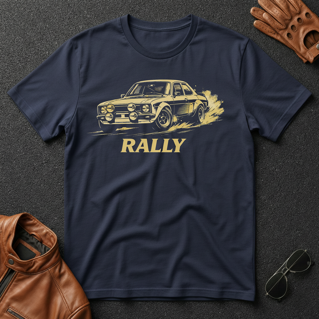 Retro Rally Car T-Shirt featuring a classic car graphic in gold on a navy blue background.