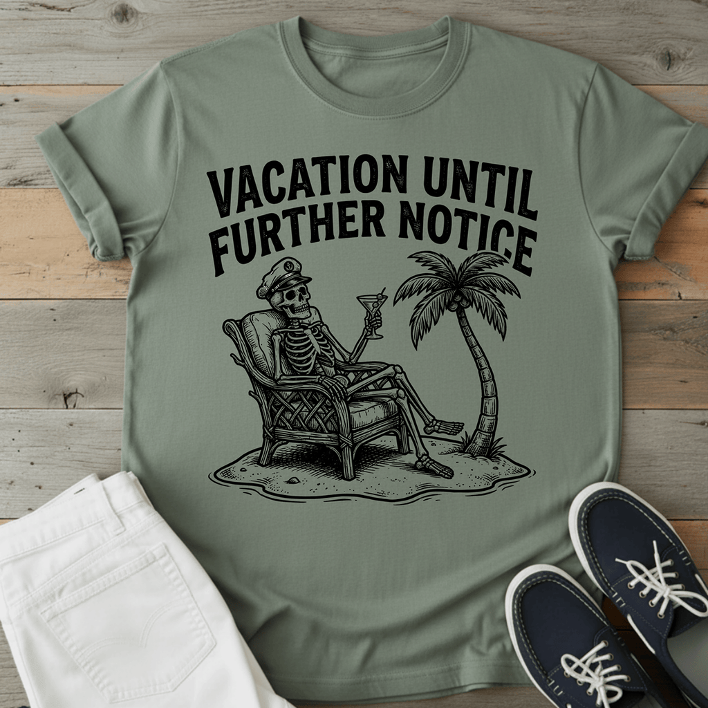 Retro Beach Skeleton T-Shirt featuring a skeleton relaxing with a drink and palm tree, perfect for summer vibes.