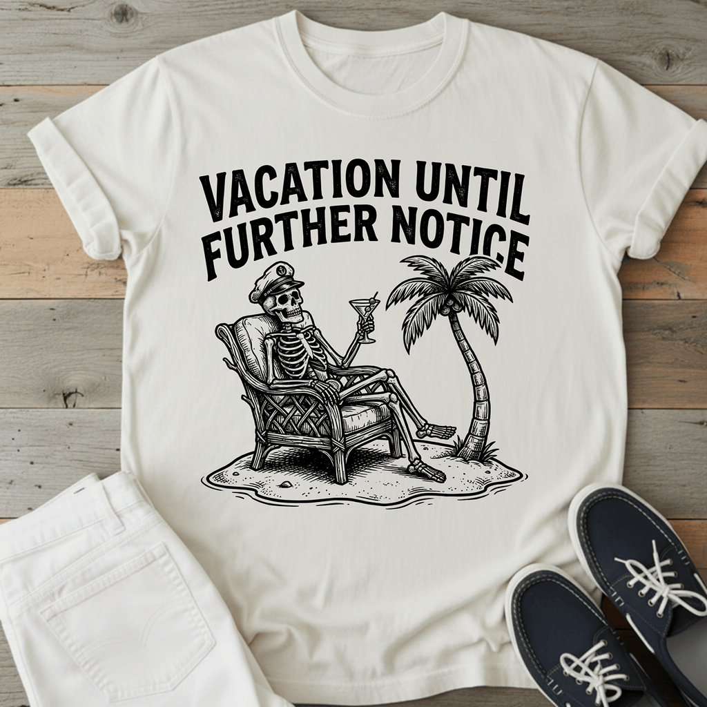Retro Beach Skeleton T-Shirt featuring a skeleton relaxing with a drink and palm tree, perfect for vacation vibes.