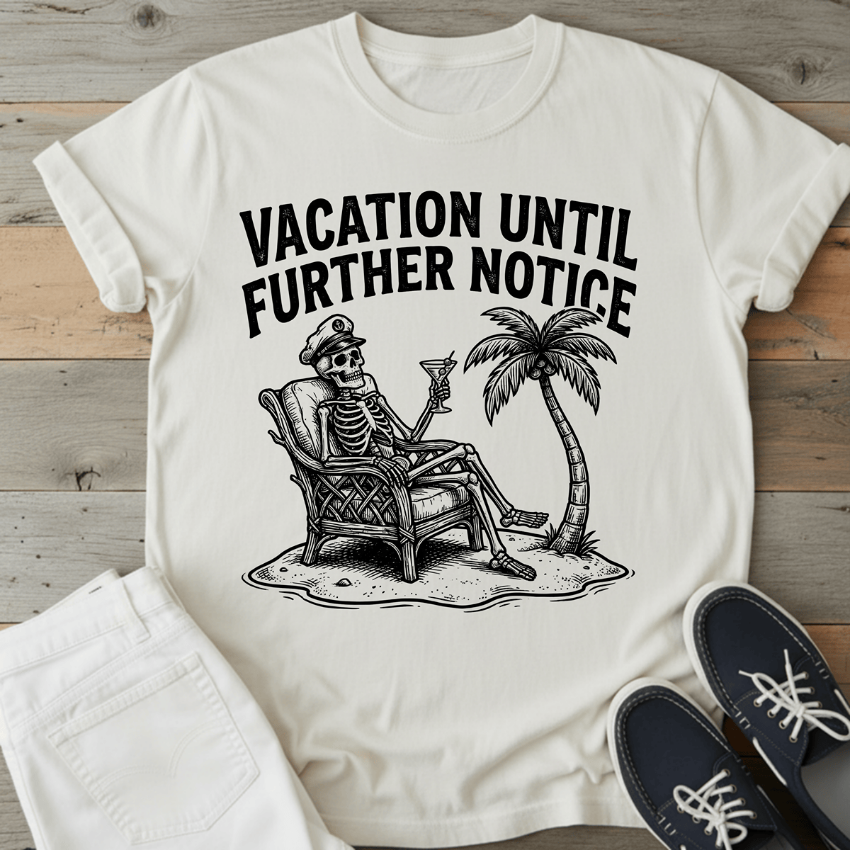 Retro Beach Skeleton T-Shirt featuring a skeleton relaxing with a drink and palm tree, perfect for vacation vibes.