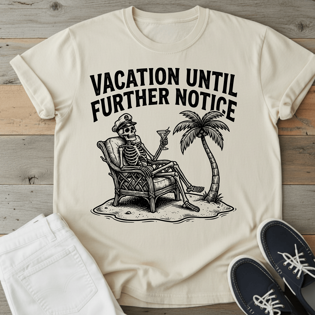 Retro Beach Skeleton T-Shirt featuring a skeleton relaxing with a drink and palm tree, perfect for summer vibes.