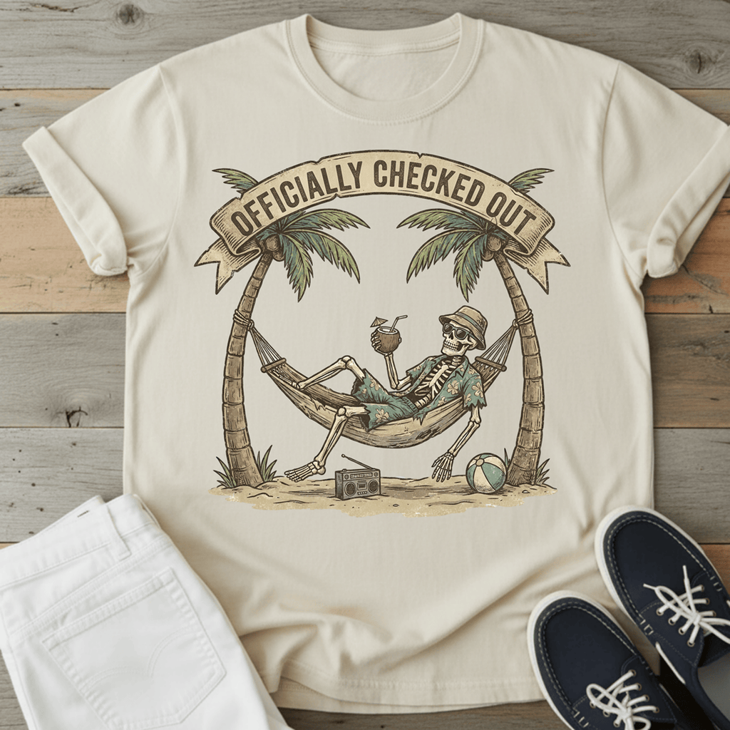 Officially Checked Out T-Shirt featuring a skeleton relaxing in a hammock with palm trees and a drink.
