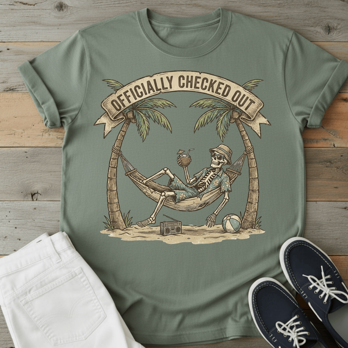 Officially Checked Out T-Shirt featuring a skeleton relaxing in a hammock with palm trees.