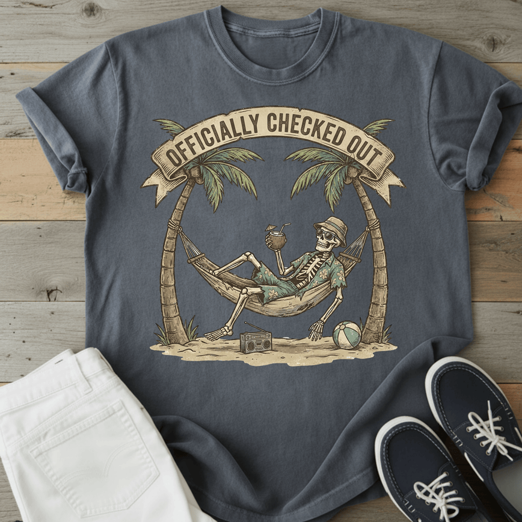 Officially Checked Out T-Shirt featuring a skeleton relaxing in a hammock with palm trees.