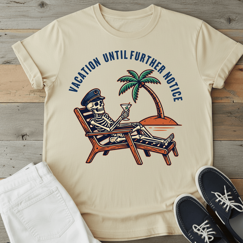 Optimistic Castaway T-Shirt featuring a skeleton in a beach chair with palm tree and text design.